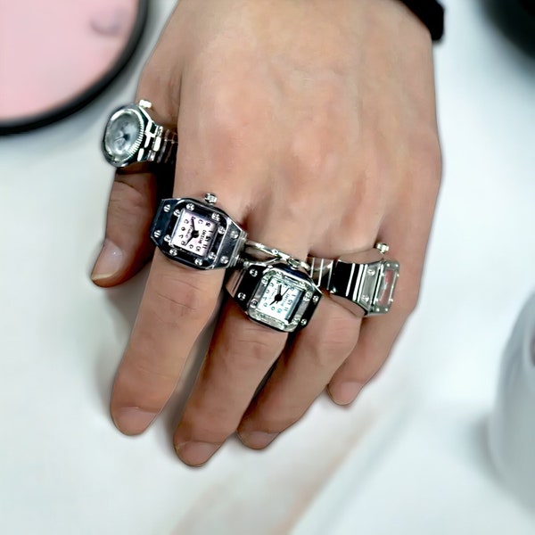 Vintage Watch Ring | Adjustable Watch Finger Ring | 90s, Y2K Finger Ring | 2000s Watch Ring For Men | Clock Ring For Men | Mini Clock Ring