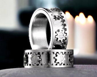 Roestvrijstalen spinnerring | Brede spinnerring | Heren tandwielring | Angstring, herensieraden | Cadeau voor hem, ring voor hem, ring voor man