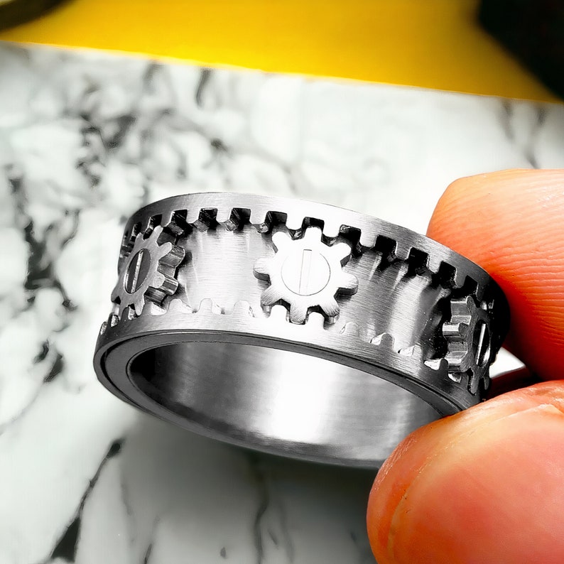 Roestvrijstalen spinnerring Brede spinnerring Heren tandwielring Angstring, herensieraden Cadeau voor hem, ring voor hem, ring voor man afbeelding 4