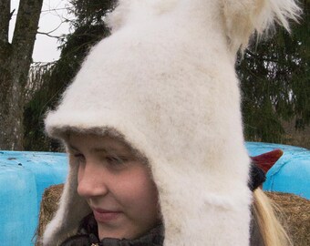 Stylish wild alpaca wool hat with white squirrel pom poms