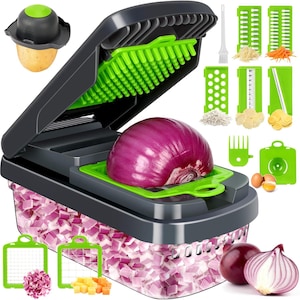 May include: A dark gray and lime green vegetable chopper with a clear collection container filled with diced red onion. The set includes multiple interchangeable stainless steel blades, a food holder, a cleaning brush, and a fork tool.