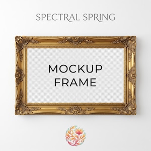 May include: A gold-colored, ornate picture frame with the text "MOCKUP FRAME" in black. The frame has detailed carvings and a rectangular shape. The words "SPECTRAL SPRING" are above the frame, and a floral design is below.
