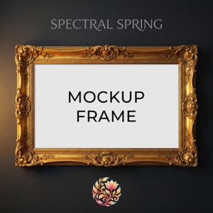 May include: A gold-colored ornate picture frame with the text "MOCKUP FRAME" in black. The frame has intricate detailing and is set against a dark background. The words "SPECTRAL SPRING" are at the top.