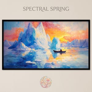 Puede incluir: Una impresión artística enmarcada titulada "Spectral Spring" representa un paisaje helado con un pequeño bote en el agua. La obra presenta icebergs azules, un cielo colorido y reflejos en el agua. La paleta de colores incluye azules, naranjas y blancos.