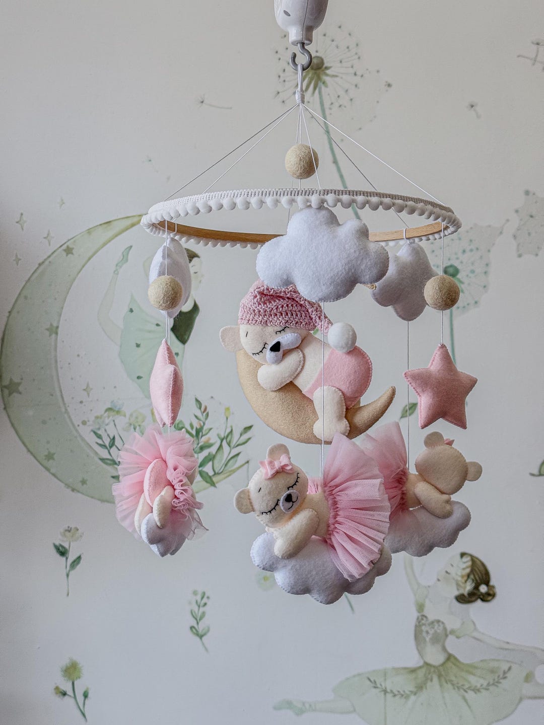 Handmade Baby Mobile – Pink Teddy Bear Crib Mobile – Moon & Cloud ...