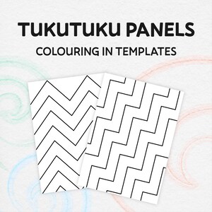 May include: Two black and white geometric coloring pages with the text "TUKUTUKU PANELS COLOURING IN TEMPLATES".