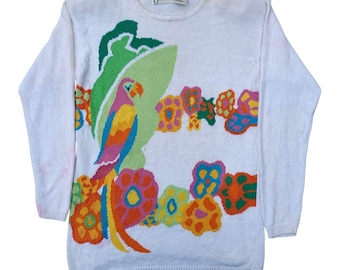 Suéter vintage de los años 80 con estampado novedoso de Carducci en intarsia, flores coloridas, loro tropical, pájaro, jersey blanco
