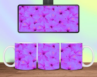 Envoltório de caneca completo de hibisco de primavera rosa neon vibrante para sublimação, design exclusivo de utensílios de cerâmica para bebidas, presente de dia das mães DIY, download instantâneo