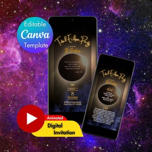 May include: A digital invitation for a total eclipse party hosted by The Parkers. The invitation features a black and gold design with a quote from Joel 3:15, "The sun and moon grow dark and the stars lose their brightness." The invitation includes the date and time of the party, 8th April at 2:00 PM, and the location, 6709 Comet Road, Any City, ST 12345. The invitation also includes an RSVP contact number, 000-0000, and a deadline of 34 March.