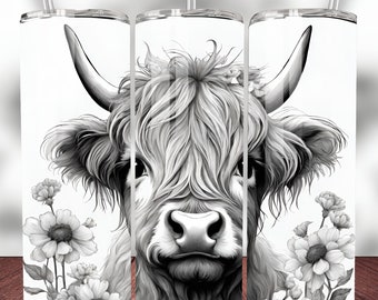 Bebê Highland Cow Preto e Branco Tumbler Wrap 20oz Skinny Tumbler Highland Cow Ilustração Design de Sublimação PNG Download Digital Instantâneo