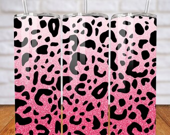 Envoltório de copo com estampa de leopardo rosa, copo magro de leopardo brilhante de 20 onças, design de sublimação de chita sem costura, download PNG