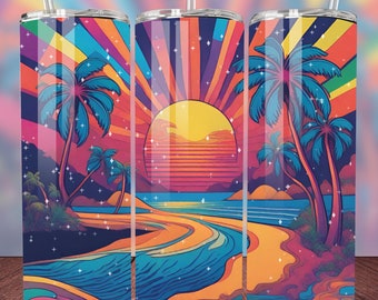 Envoltório psicodélico de néon Sunset Tumbler, conceito de design de sublimação de cores, copo magro de 20 onças, download digital exclusivo PNG