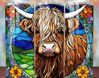 Envoltório de copo de vaca Highland para bebê, design de sublimação de vitral, copo magro de 20 onças, vaca download digital PNG