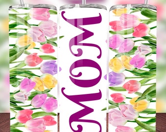 Envoltório de tulipas para mamãe em aquarela, design de sublimação de flores de primavera, copo magro de 20 onças, presente DIY de dia das mães, download digital PNG