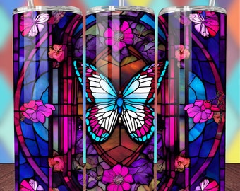 Envoltório de copo de flores de borboleta, design de sublimação de vitral, copo magro de 20 onças, download digital exclusivo, png