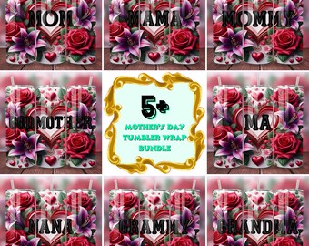 Pacote de Dia das Mães 20 onças Skinny Tumbler Wrap Sublimação Vibrante PNG, 3D Rosas e Lírios Vovó Tumbler Wrap, 400 DPI Download Digital