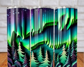 Northern Lights PNG Tumbler Wrap 20Oz Skinny Tumbler DIY Gift Aurora Borealis PNG NightSky esculpido em madeira envoltório sublimação 400DPI imagem digital