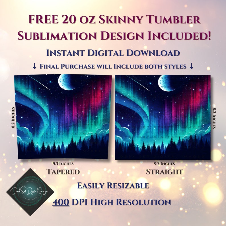 Pode incluir: Download digital de dois designs de sublima&ccedil;&atilde;o para um copo skinny de 20 on&ccedil;as. Os designs apresentam um c&eacute;u noturno com uma lua crescente, estrelas e uma aurora boreal colorida sobre uma floresta. Os designs est&atilde;o dispon&iacute;veis em estilos c&ocirc;nico e reto. Os designs s&atilde;o facilmente redimension&aacute;veis e t&ecirc;m uma resolu&ccedil;&atilde;o de 400 DPI.