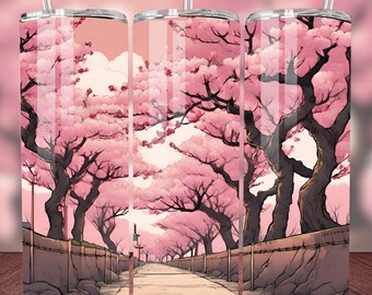 Conceito de Anime Rosa Japonesa Flor de Cerejeira Árvores Tumbler Wrap Único 20 oz Skinny Tumbler Design de Sublimação PNG Download Digital
