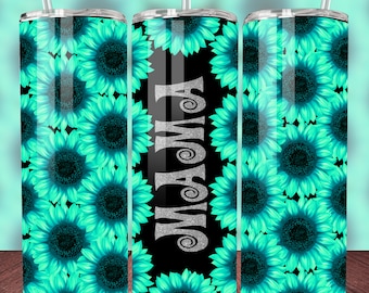 Envoltório de copo Mama Glitter, design abstrato de sublimação de girassóis azul-petróleo, copo magro de 20 onças, presente DIY para a mãe, download digital PNG
