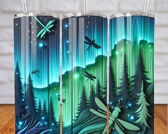 Northern Lights PNG Tumbler Wrap 20Oz Skinny Tumbler DIY Gift Aurora Borealis PNG NightSky esculpido em madeira envoltório sublimação 400DPI imagem digital