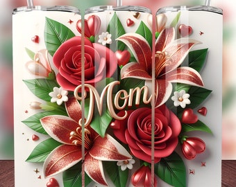 Mom Tumbler Wrap 20 oz Skinny Tumbler Vibrante Sublimação PNG, 3D Rosas e Lírios Mom Tumbler Wrap, 380 DPI Digital Download