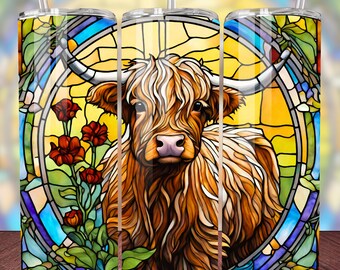 Highland Cow Flowers Vitral Tumbler Wrap Sublimation Design, 20 oz Skinny Tumbler, Cow Tumbler download digital PNG