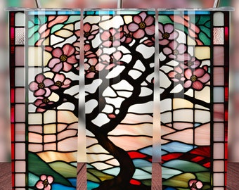 Envoltório de vitral de árvore de flor de cerejeira japonesa, design de sublimação de copo magro de 20 onças, copo de primavera Download digital instantâneo PNG