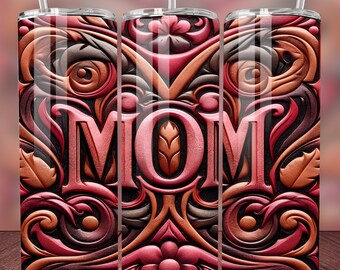 Envoltório de copo para o dia das mães Copo magro de 20 onças Design de sublimação sem costura PNG, envoltório de copo de couro esculpido para mãe 3D, download digital de 380 DPI