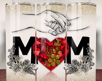 Envoltório de brilho de gema de coração de mãe, design de sublimação vibrante de flores, copo magro de 20 onças, presente DIY para mãe, 350 DPI, download digital png