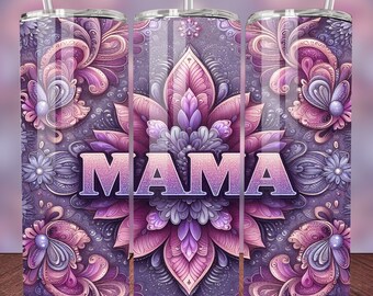 Envoltório de copo para o dia das mães Copo magro de 20 onças Sublimação vibrante PNG, Roxo Paisley Design Mama Tumbler Wrap, download digital de 400 DPI