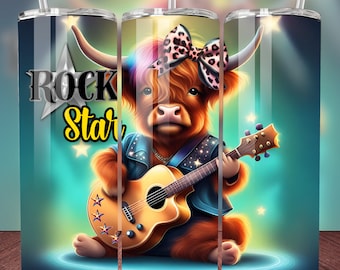 Envoltório de copo para bebê Highland Cow, Rock Star 20oz Skinny Tumbler Design exclusivo de sublimação, vaca Download digital instantâneo PNG