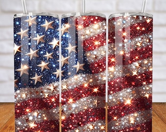 4 de julho Copo com glitter patriótico PNG Design de sublimação da bandeira dos EUA Copo magro de 20 onças Copo com glitter do Dia da Independência Imagem embrulhada 400DPI