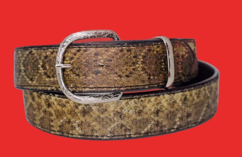 K&ouml;nnte beinhalten: Ein brauner Lederg&uuml;rtel mit einer silbernen Schnalle und einem Schlangenhautmuster. Der G&uuml;rtel ist in der Mitte gefaltet, wobei die Schnalle oben liegt.