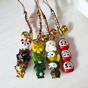 3 Faces Lucky Charm Neko, Daruma, Kaeru, Fukurou Japanese Strap