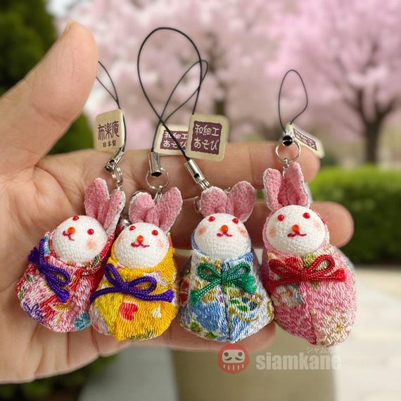 Rabbit Chirimen Silk Omamori Good Luck in Love, Success and
