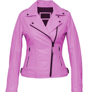 Blouson en cuir pour femme - Blouson en cuir d'agneau véritable - Blouson de motard - Blouson de moto - Blouson fait main - Blouson unique rose pour femme