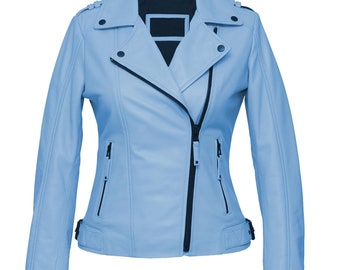 Blouson motard en cuir de vachette pour femme : couleur unique, coupe ajustable