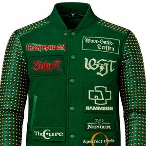 May include: Green varsity jacket with gold stud detailing on the sleeves. Features patches with band names including Iron Maiden, Slipknot, and The Cure. The jacket has a button-up front and ribbed collar and cuffs.