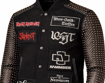 Studded Varsity Jacket Punk Gothic Band Patch Jacket Leather Sleeve Streetwear Unisex Fashion