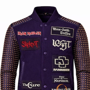 Studded Varsity Jacket Gothic Punk Leather Sleeve Metal Band Patch Streetwear Unisex Coat Purple