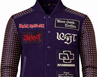 Studded Varsity Jacket Gothic Punk Leather Sleeve Metal Band Patch Streetwear Unisex Coat Purple