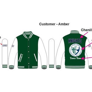Może przedstawiać: Zielono-biała kurtka bejsbolowa z haftowanymi napisami "Knights" i "Dance Team" na plecach. Kurtka ma również herb szkolny z haftowanymi napisami "St. Mary's Ryken" i "Leonardtown, MD 1985" na plecach.