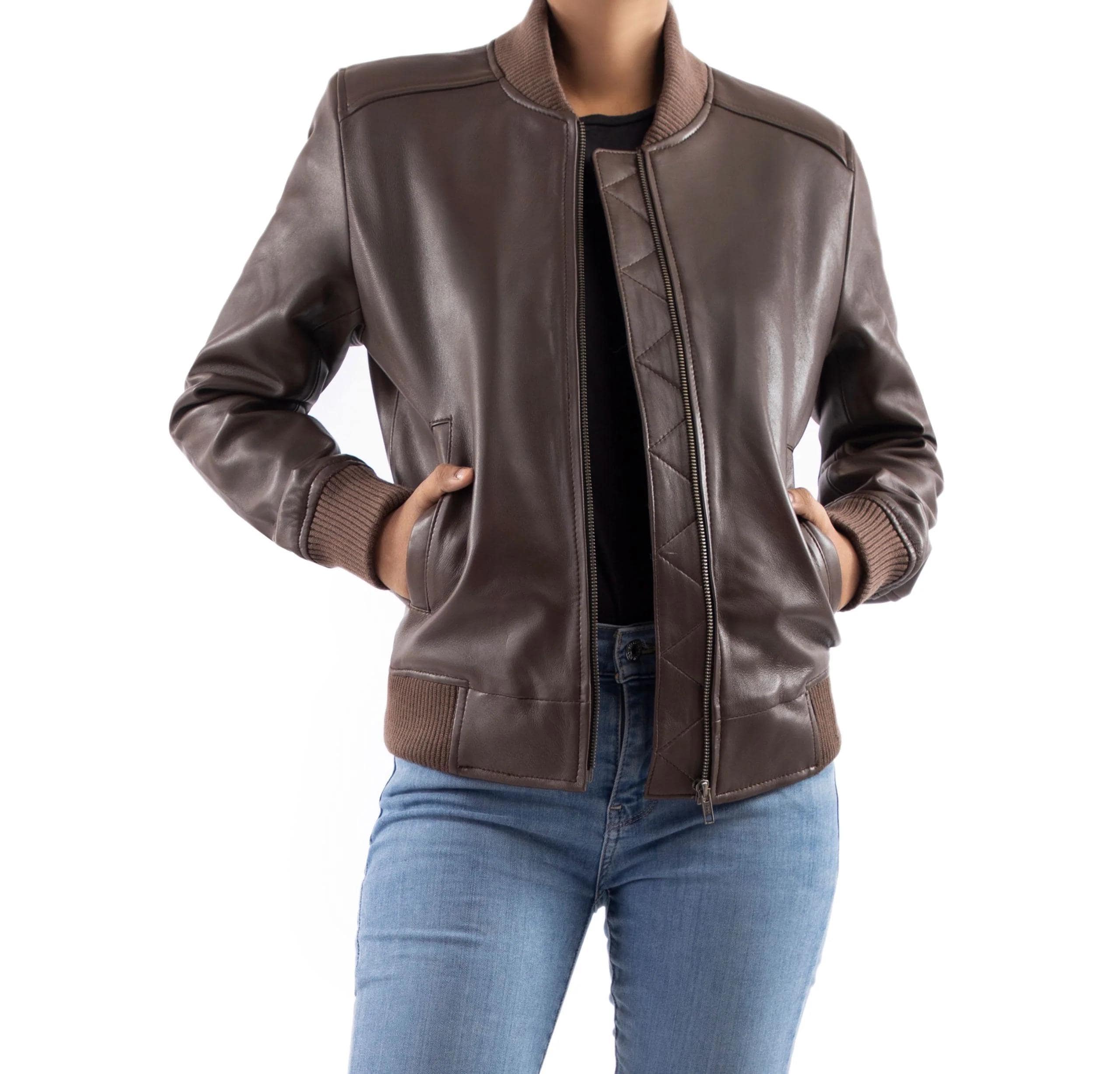 Blouson motard femme en cuir marron personnalisé : cuir véritable personnalisé