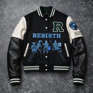 May include: A black and white varsity jacket featuring a large letter R, the word REBIRTH, and a graphic of skeletons in blue. The sleeves are white at the top and black at the bottom with striped cuffs. A circular patch reads OUT OF THE DARKNESS INTO THE LIGHT.