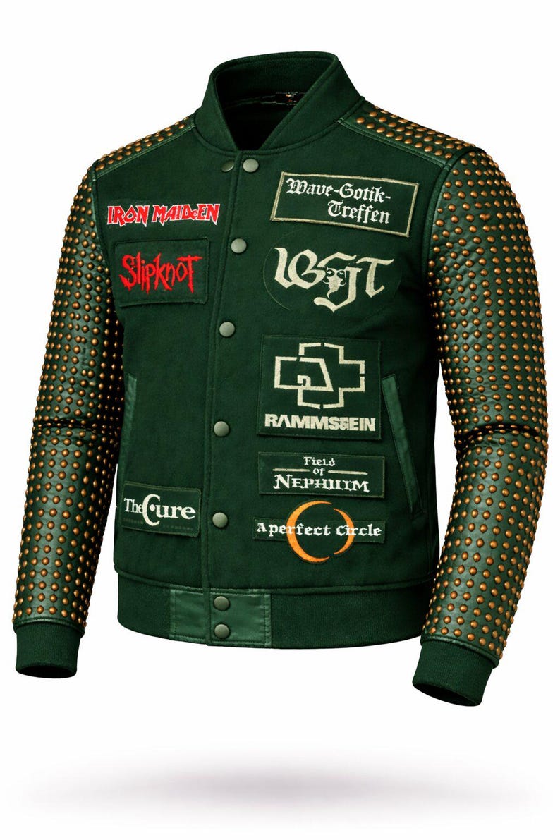 May include: Dark green varsity jacket with studded sleeves and band patches. Patches include "Iron Maiden", "Slipknot", "Wave-Gotik-Treffen", "Rammstein", "The Cure", "Field of Nephilim", and "A Perfect Circle". The jacket has a button-up front and a ribbed collar and cuffs.