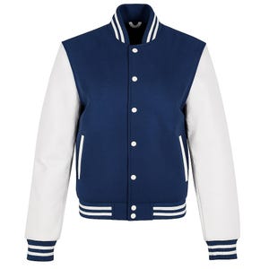 May include: A navy blue varsity jacket with white sleeves. The jacket has a button-up front, a white collar, and white stripes on the cuffs and waistband. The sleeves are a smooth, leather-like material.