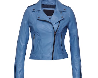 Veste motard en cuir d&#39;agneau faite main - Coupe femme, multicolore