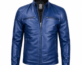 Herren Lederjacke Blue Biker Mantel Echte Schaffell Motorradfahrer Casual Fashion Wear