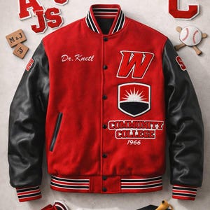 Può includere: Giacca collegiale rossa e nera con la scritta "Community College 1966". La giacca ha maniche in pelle nera, una toppa bianca con la lettera "W" e il nome "Dr. Knett" ricamato sul petto. Toppe e accessori aggiuntivi.